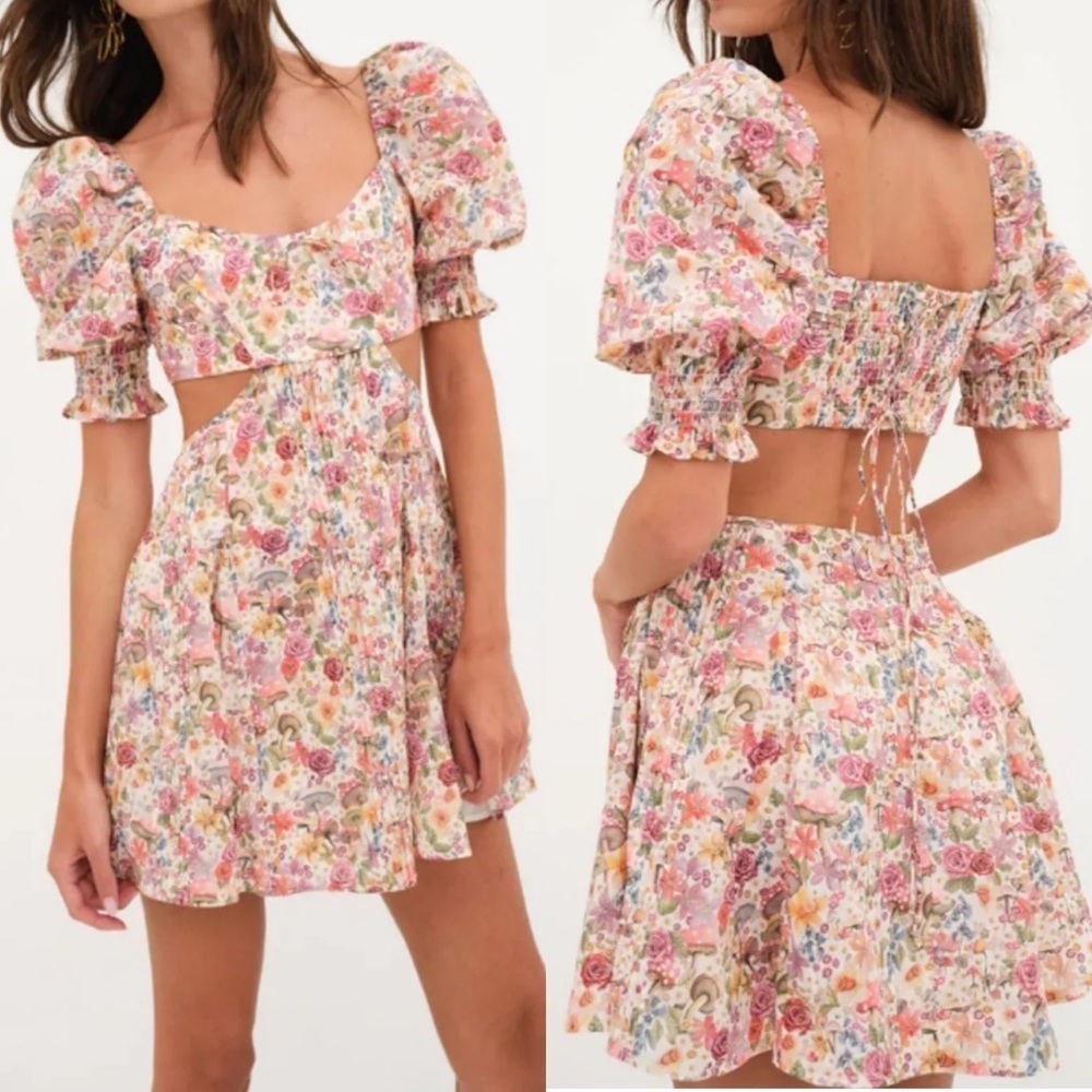 For Love & Lemons Arya Mushroom Floral Print Cut Out Mini Dress SZ LG